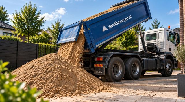 Kiepwagen van Zandbezorgen lost zand op een oprit