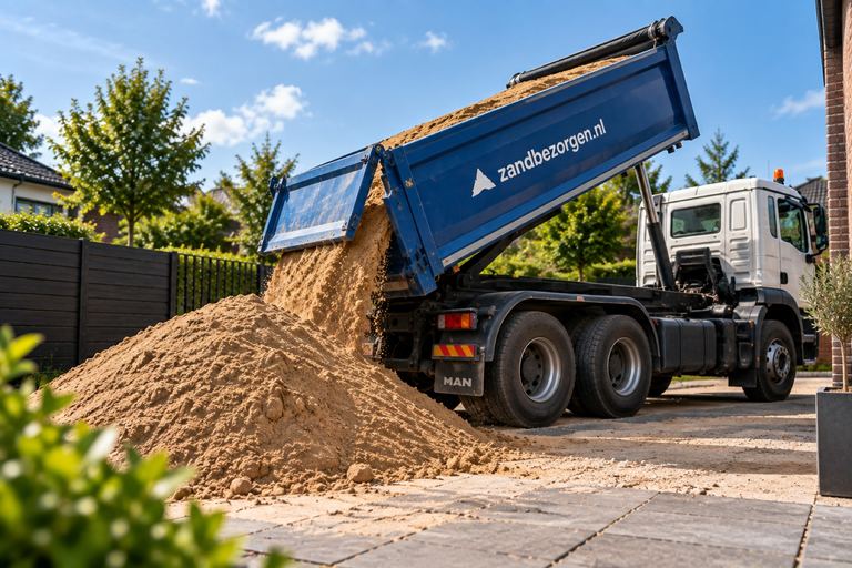 Kiepwagen van Zandbezorgen lost zand op een oprit