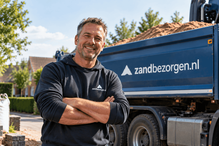 Kiepwagen van Zandbezorgen lost zand op een oprit